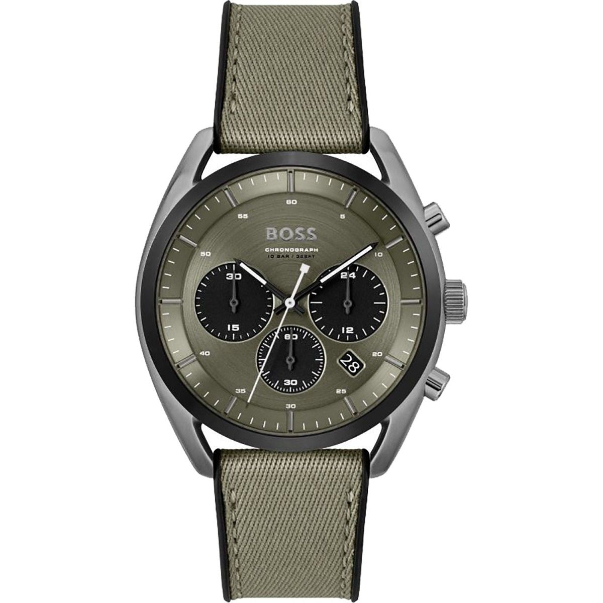 Boss 1514092 watch for man with a green dial and fabric strap.