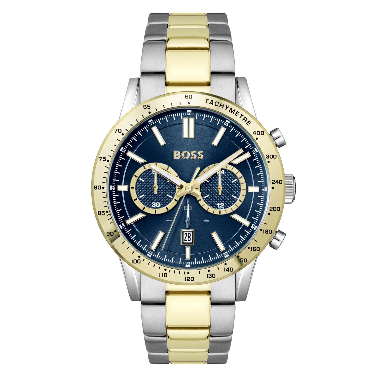 Boss 1514163 watch for man with a blue dial and stainless steel strap.