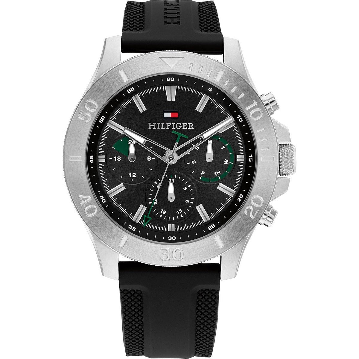 Tommy Hilfiger 1792111 watch for man with a black dial and rubber strap.