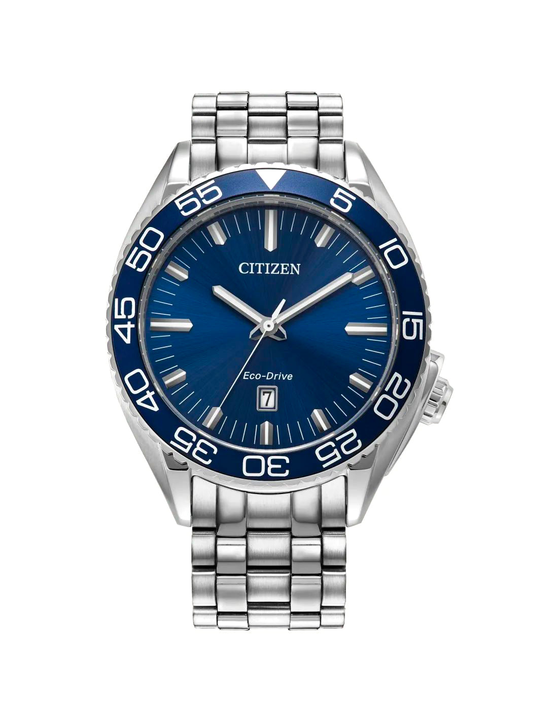 Citizen AW1770-53L watch for man with a blue dial and stainless steel strap.