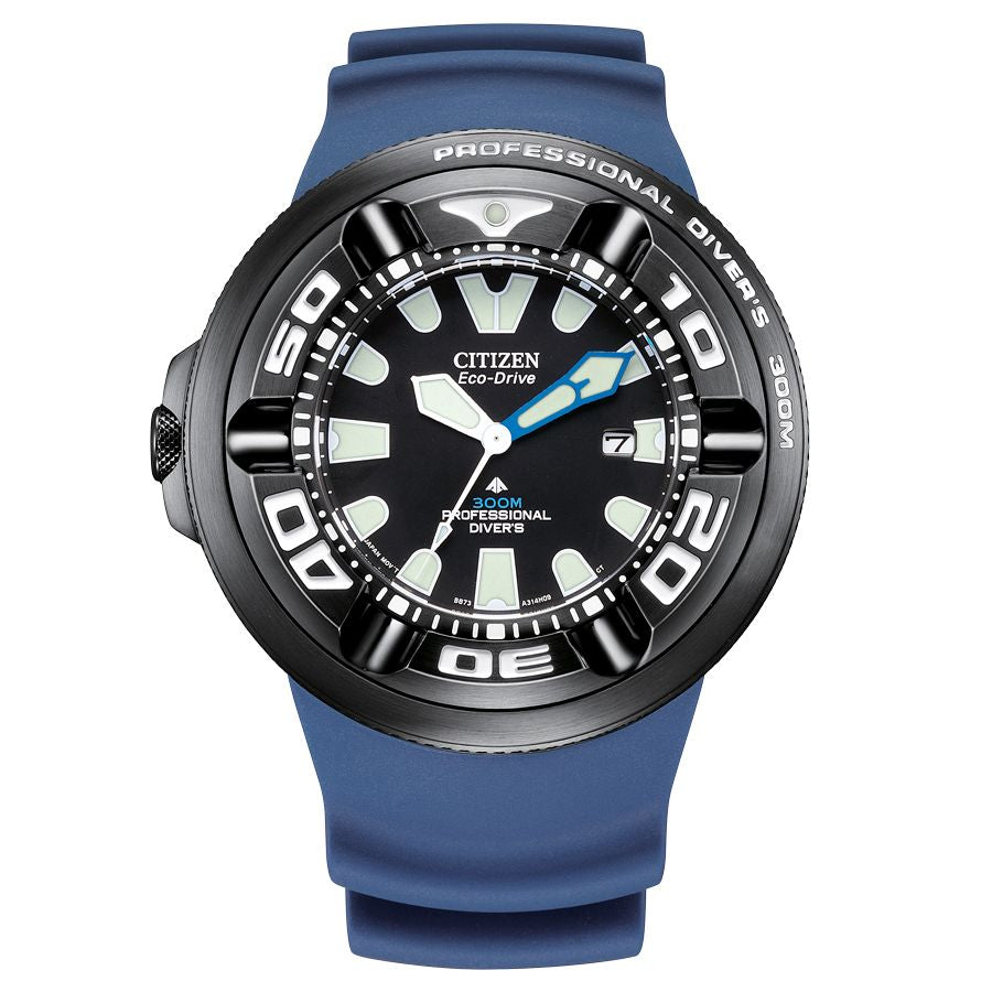Citizen BJ8055-04E watch for man with a black dial and rubber strap.