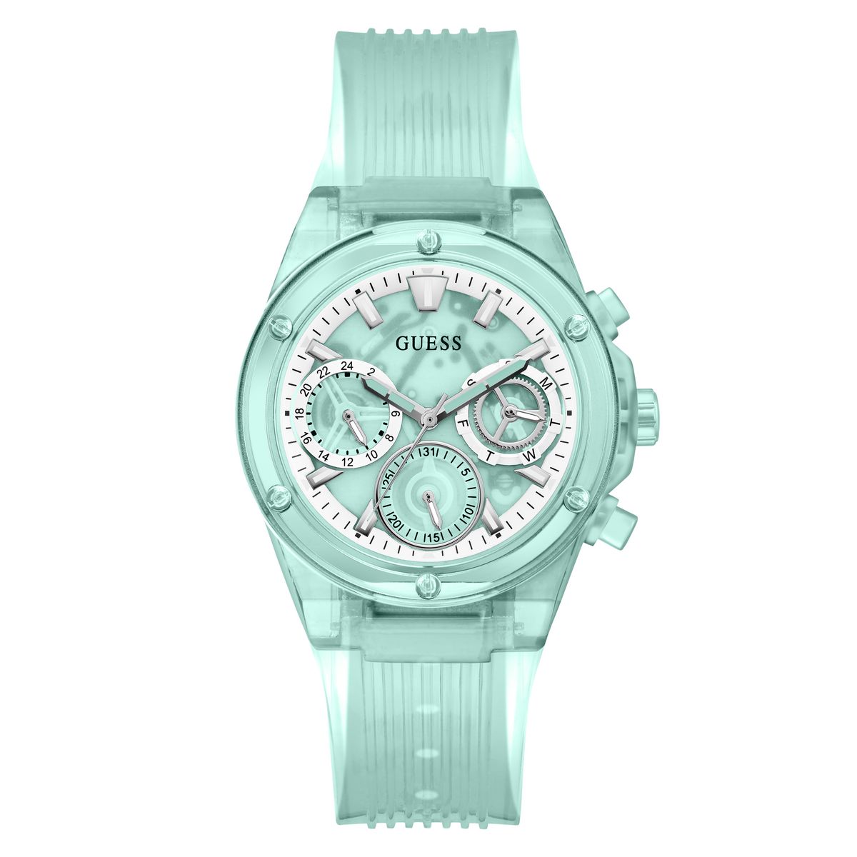 Guess GW0438L1 watch for women with a green dial and silicone strap.