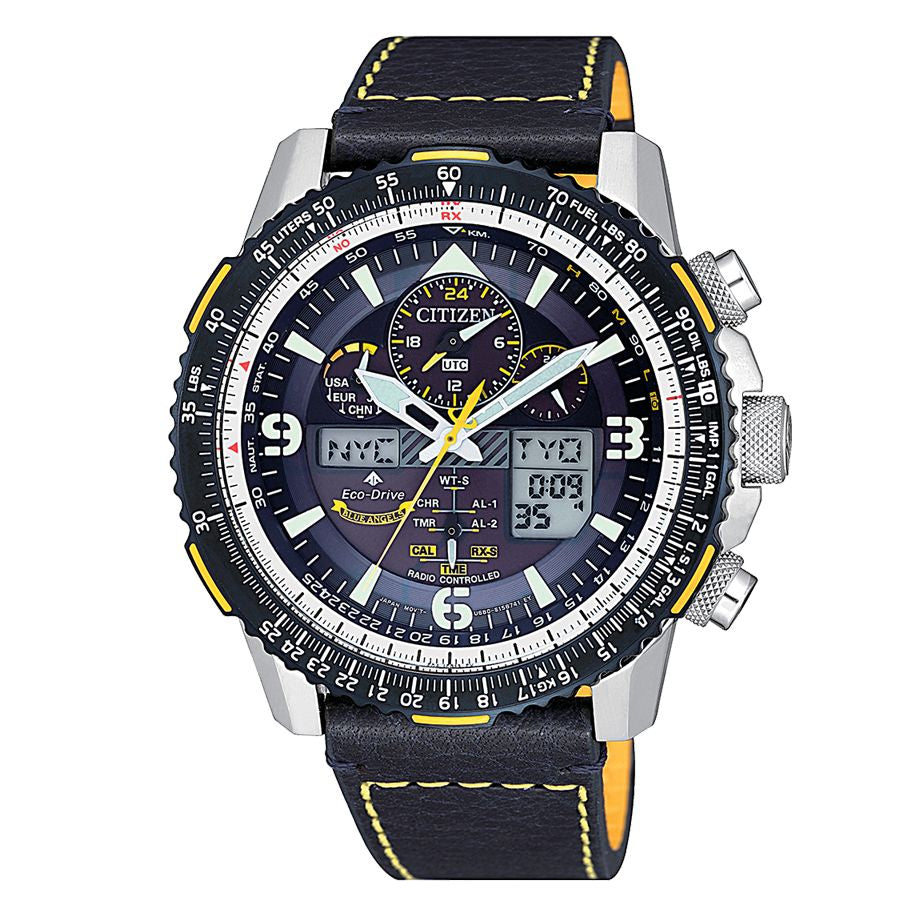 Citizen JY8078-01L watch for man with a blue dial and leather strap.
