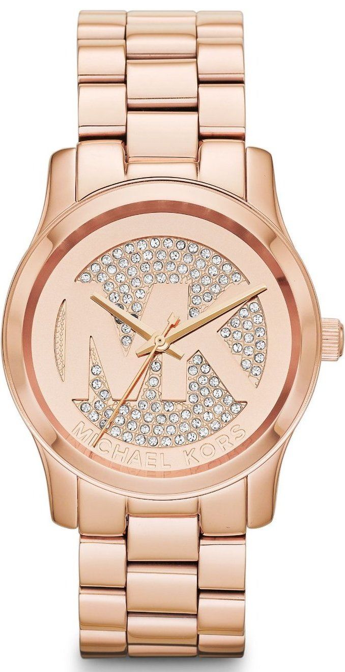 Michael Kors MK5853 watch for woman with a golden dial and steel strap.