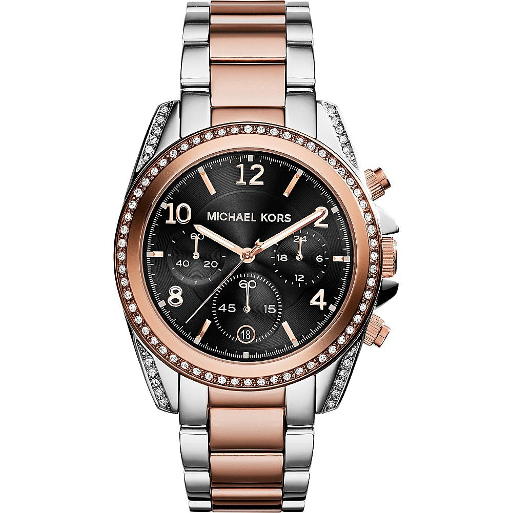 Michael Kors MK6093 watch for women with a black dial and steel strap.
