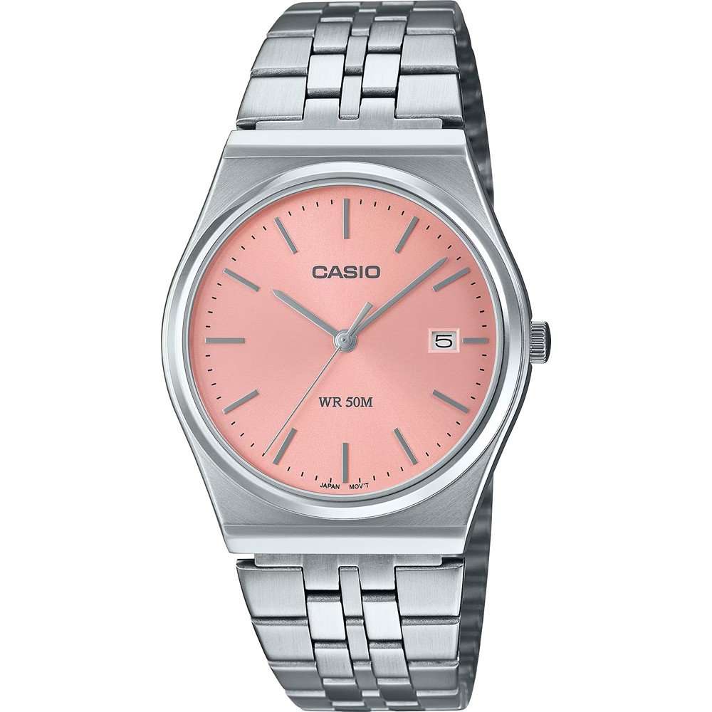 Casio MTP-B145D-4AVEF watch for women with a pink dial and steel strap.