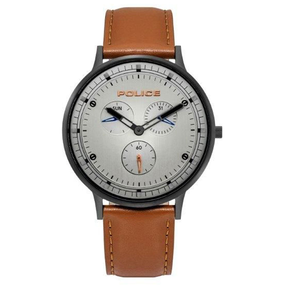 Police PL.15968JSB-04 watch for man with a grey dial and leather strap.