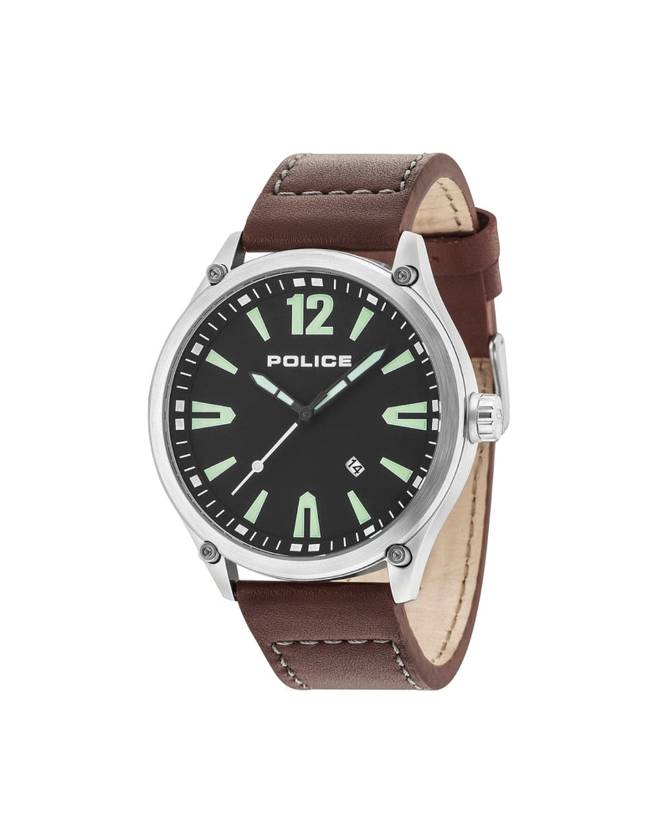 Police R1451287002 watch for man with a black dial and leather strap.