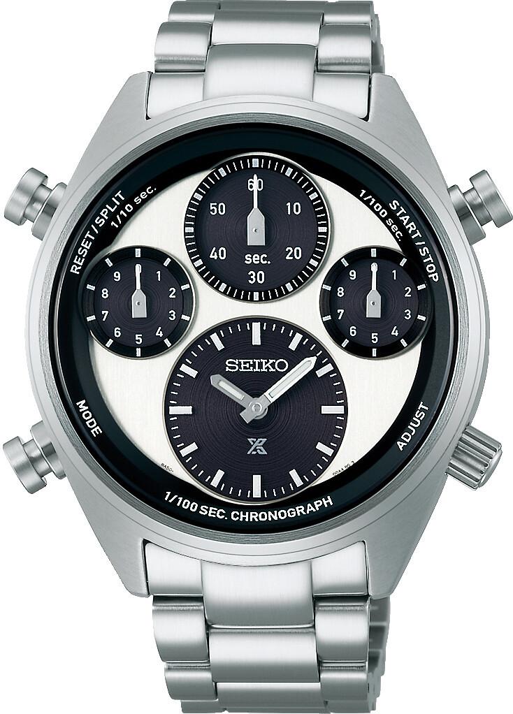 Seiko SFJ001P1 watch for man with a black dial and stainless steel strap.