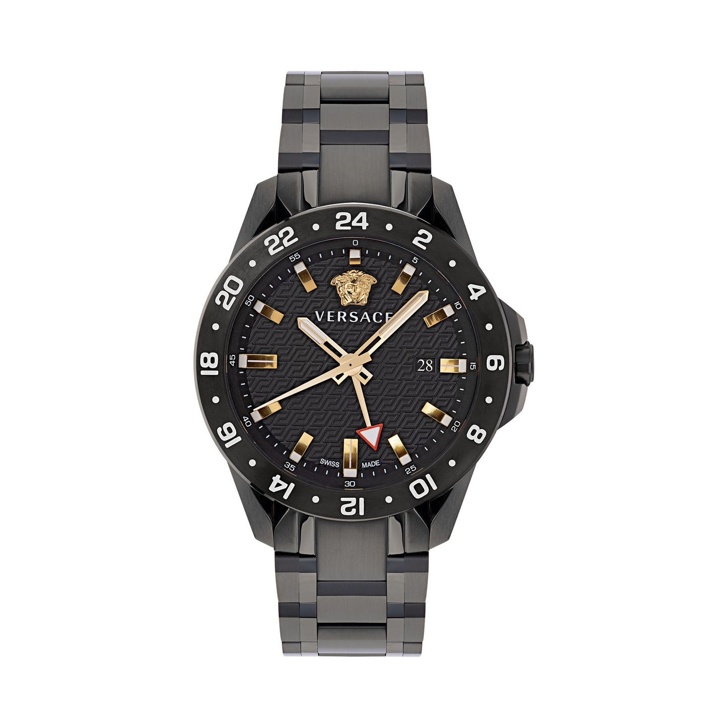 Versace VE2W00622 watch for man with a black dial and stainless steel strap.