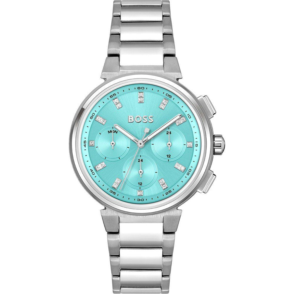 Boss 1502763 watch for women with a turquoise dial and stainless steel strap.