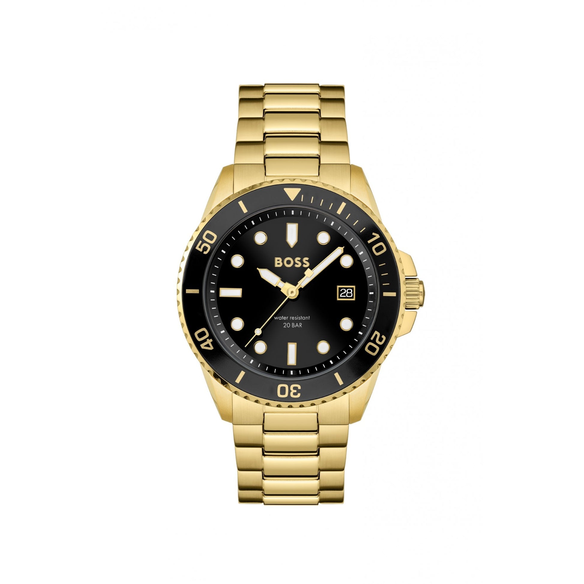 Boss 1513917 watch for man with a ngro dial and stainless steel strap.