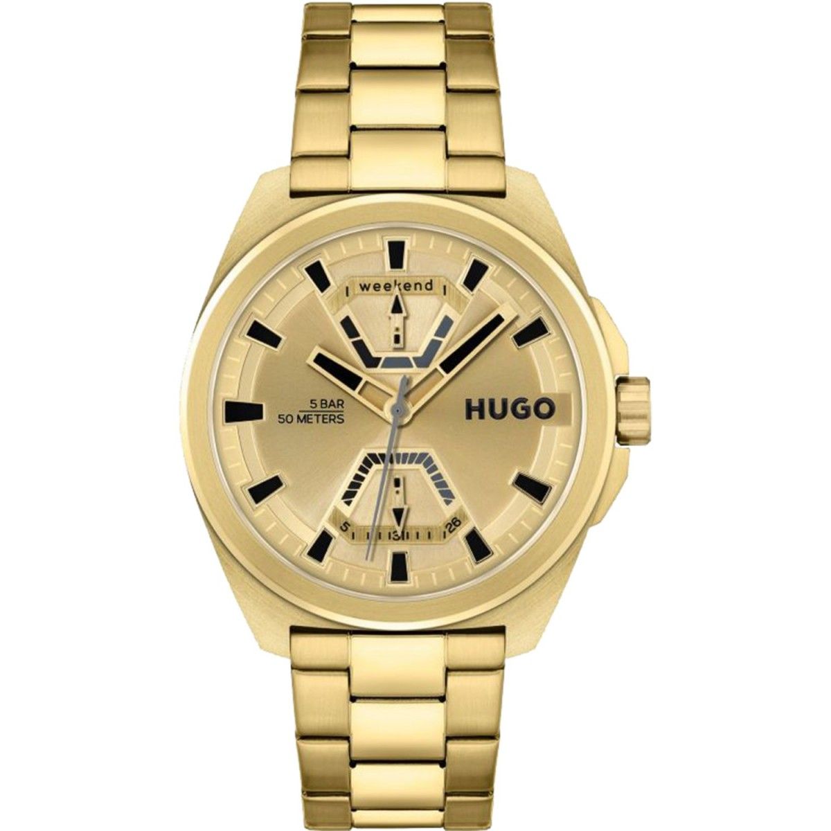 Hugo 1530243 watch for man with a golden dial and stainless steel strap.