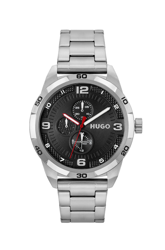 Hugo 1530276 watch for man with a black dial and stainless steel strap.