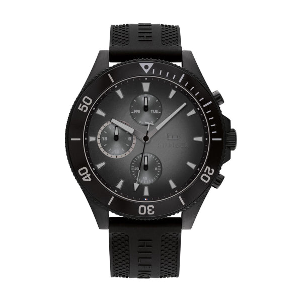 Tommy Hilfiger 1791921 watch for man with a black dial and silicone strap.