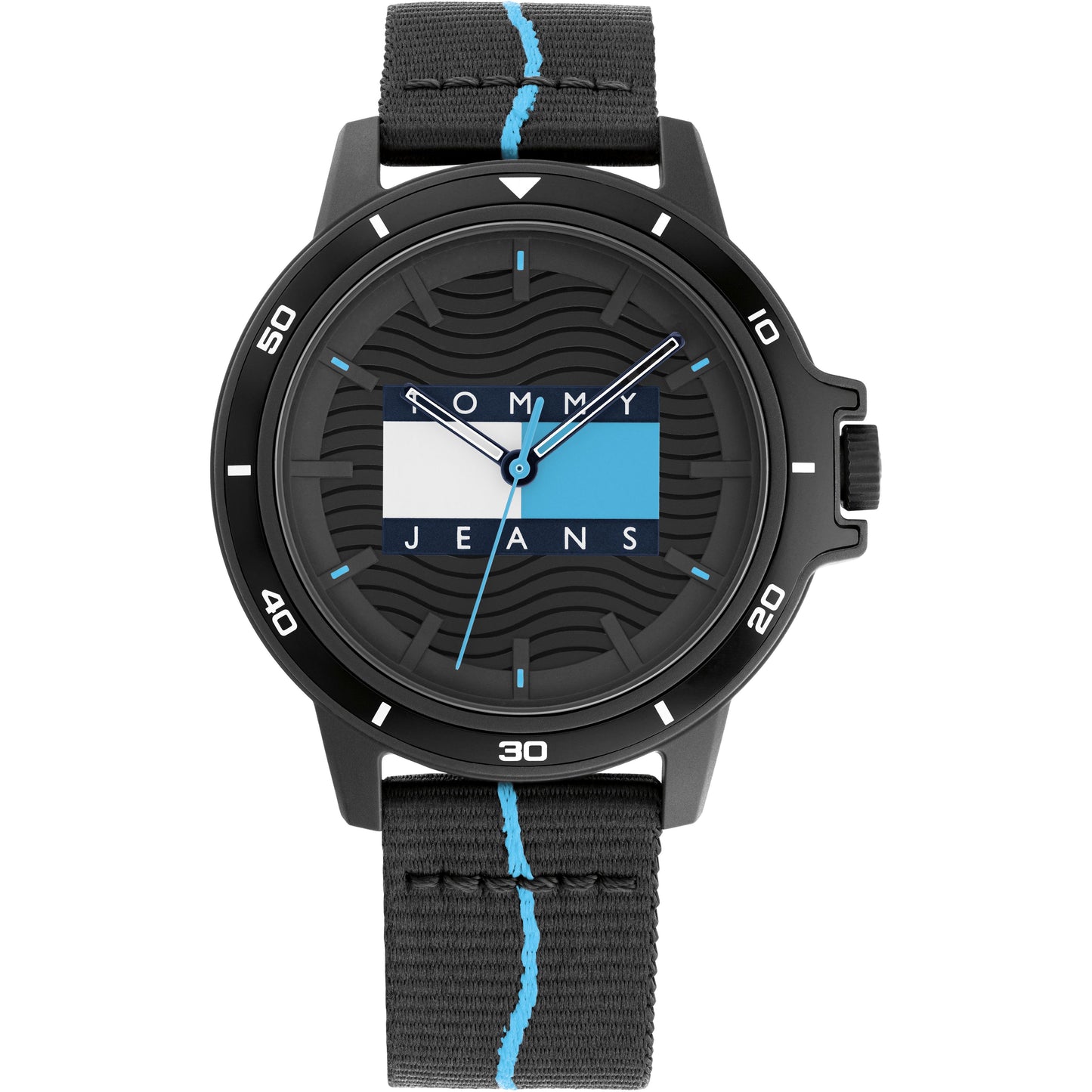 Tommy Hilfiger 1791999 watch for man with a black dial and fabric strap.