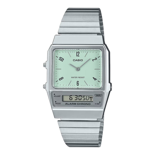 Casio AQ-800E-3AEF watch for unisex with a green dial and stainless steel strap.