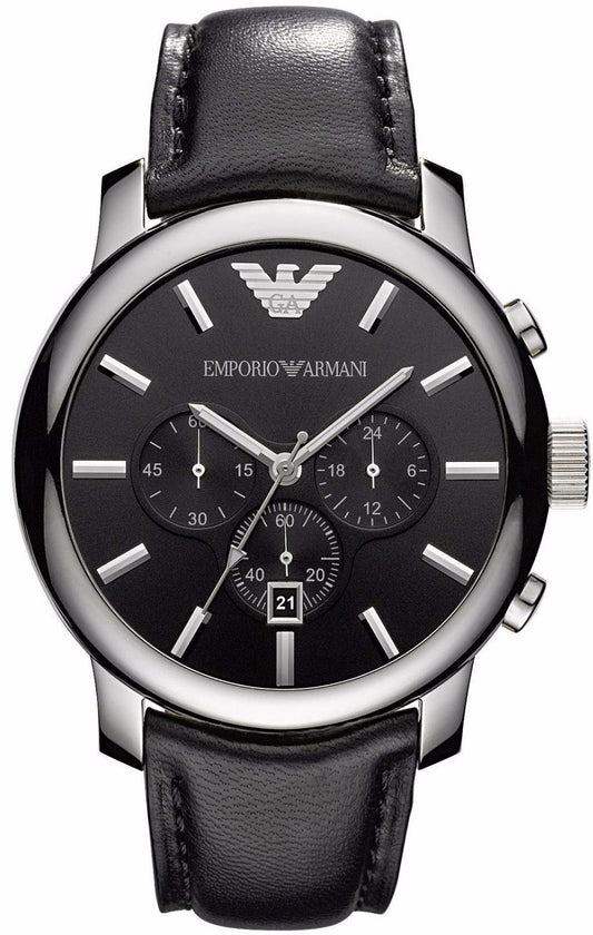 Armani AR0431 watch for man with a black dial and leather strap.