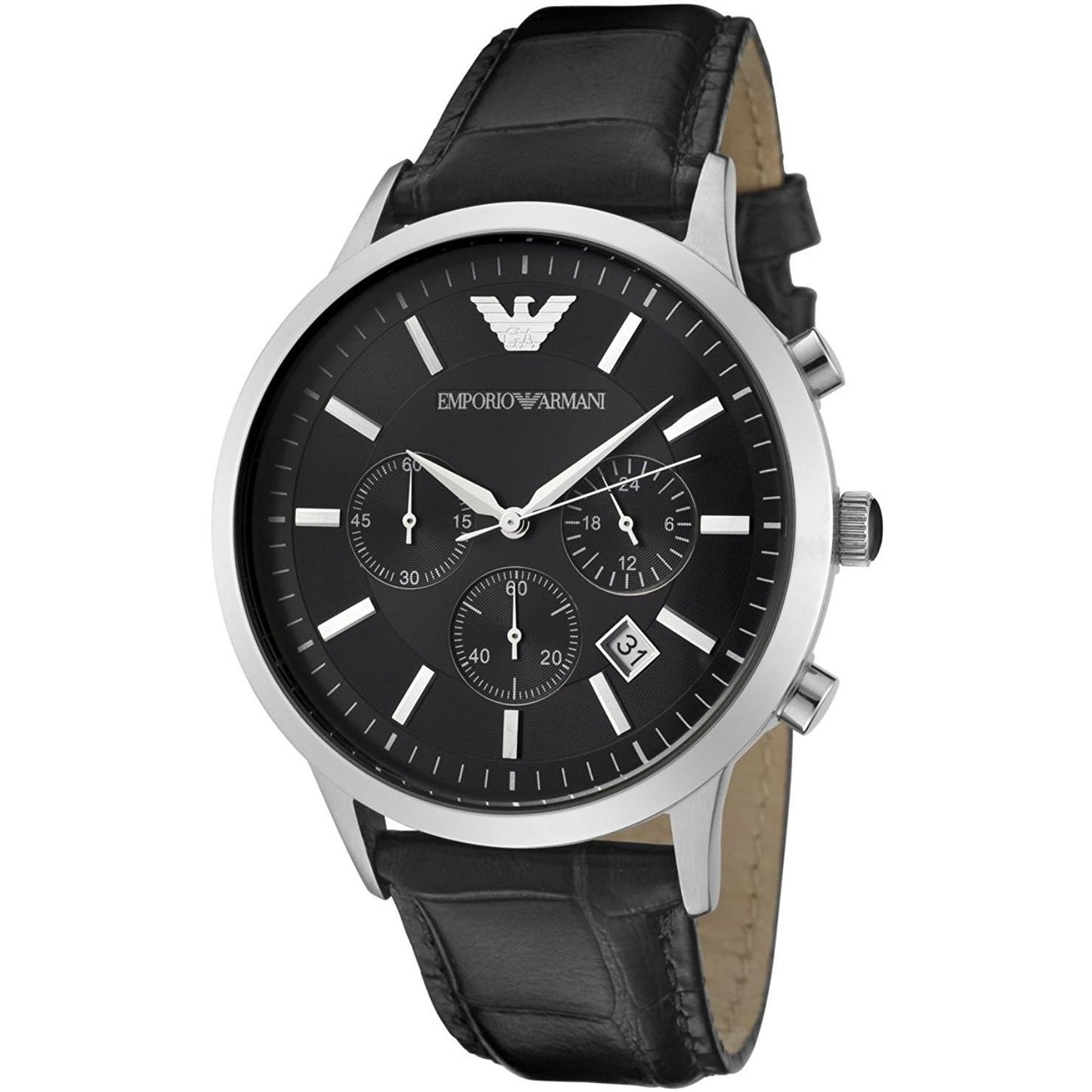 Armani AR2447 watch for man with a black dial and leather strap.