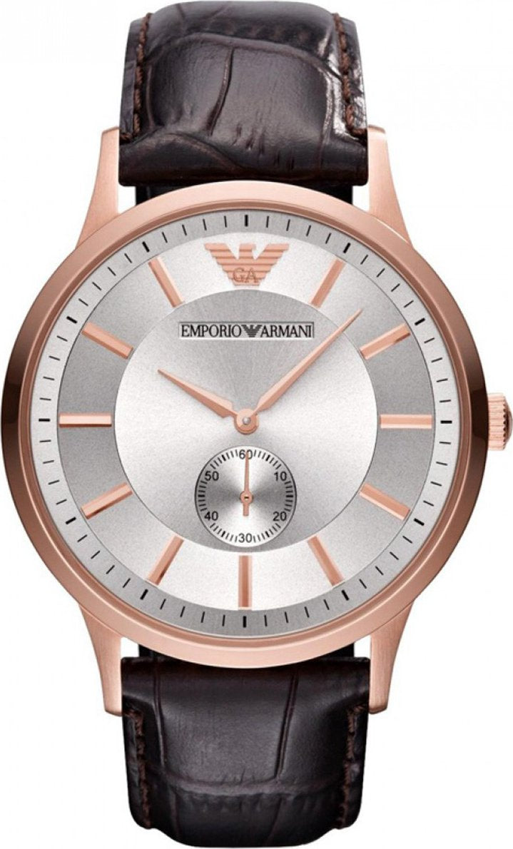 Armani AR9101 watch for man with a grey dial and leather strap.