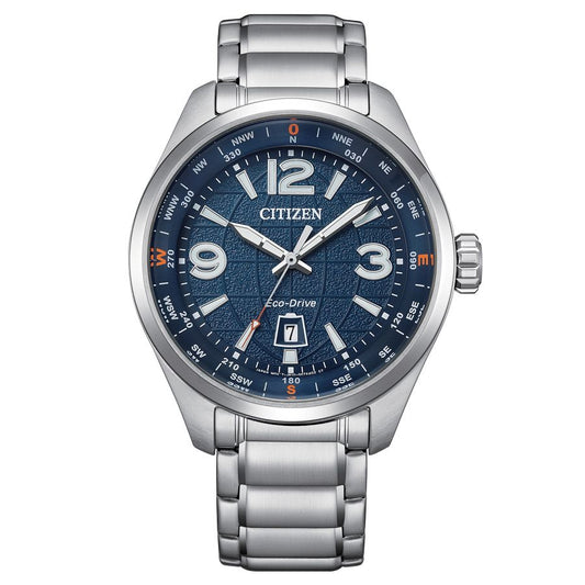 Citizen AW1830-88L watch for man with a blue dial and stainless steel strap.