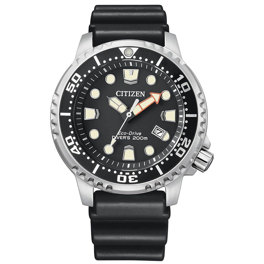 Citizen BN0150-10E watch for man with a black dial and rubber strap.