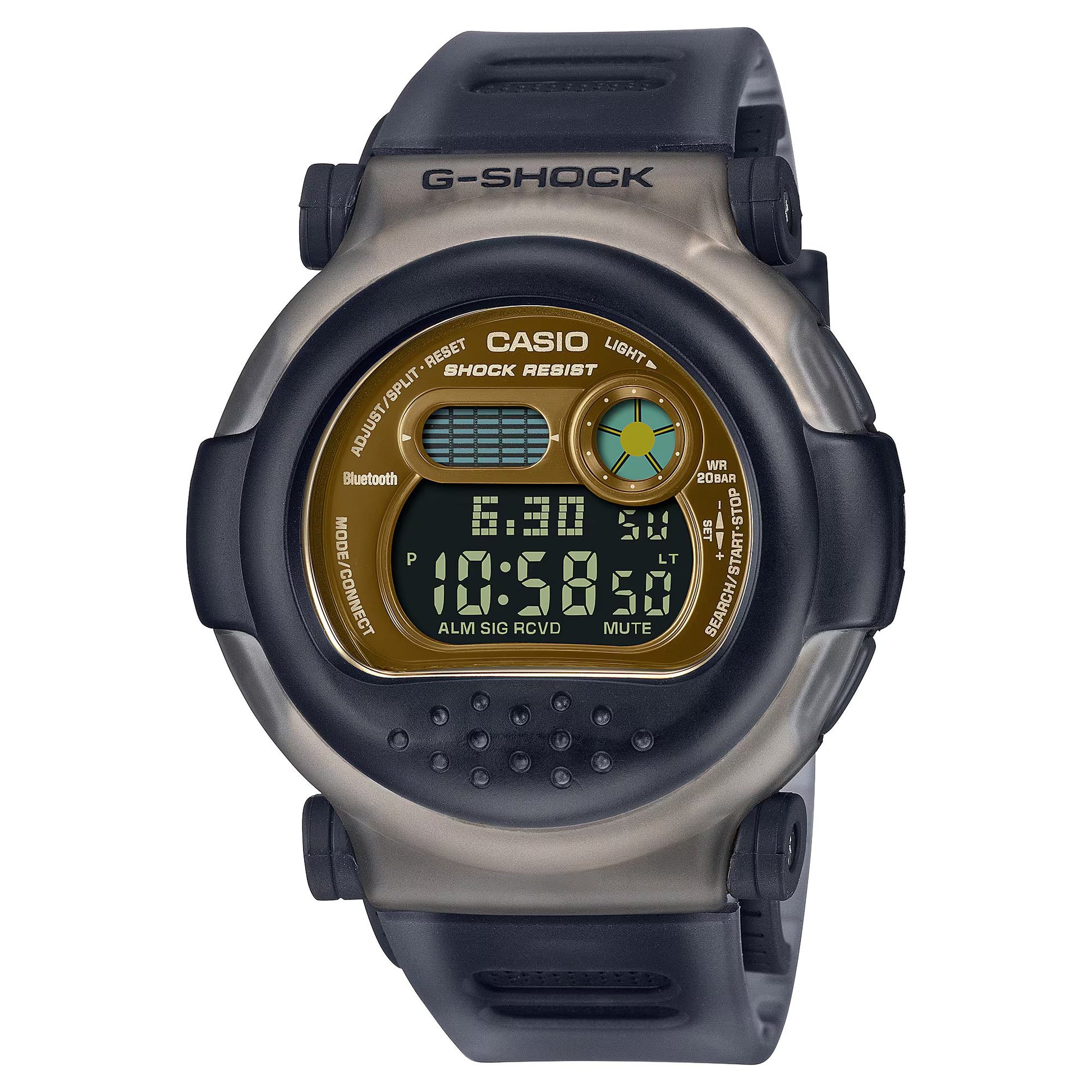 Casio G-B001MVB-8ER watch for man with a golden dial and resin strap.