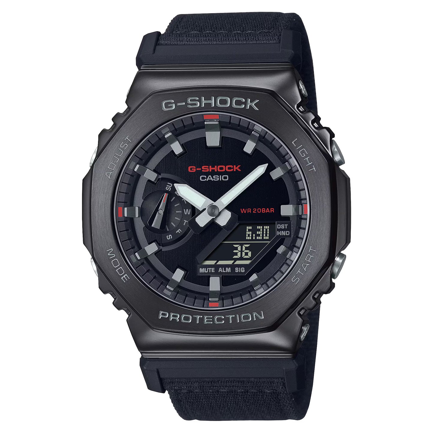Casio GM-2100CB-1AER watch for man with a black dial and fabric strap.