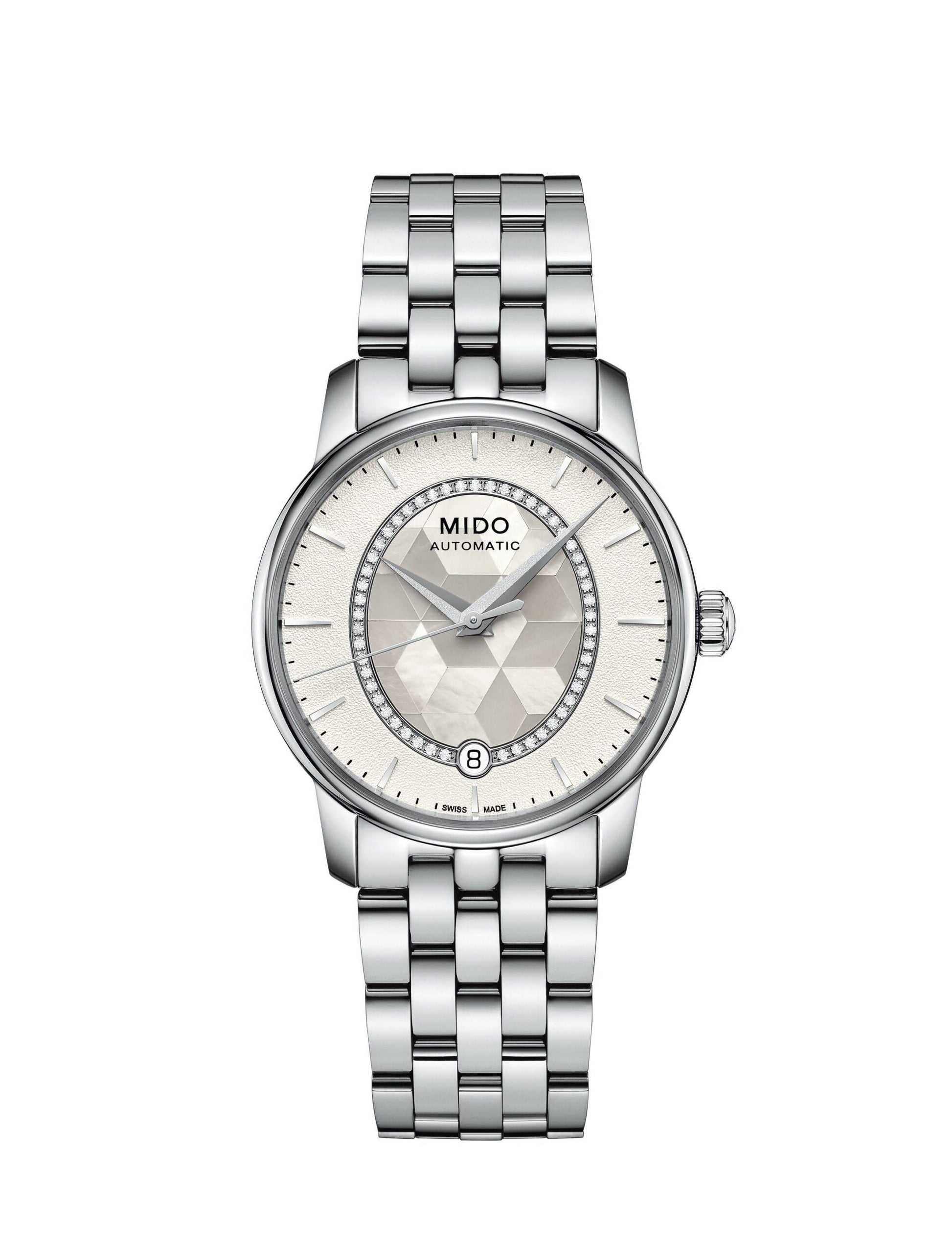 Mido M0072071111600 watch for woman with a white dial and stainless steel strap.