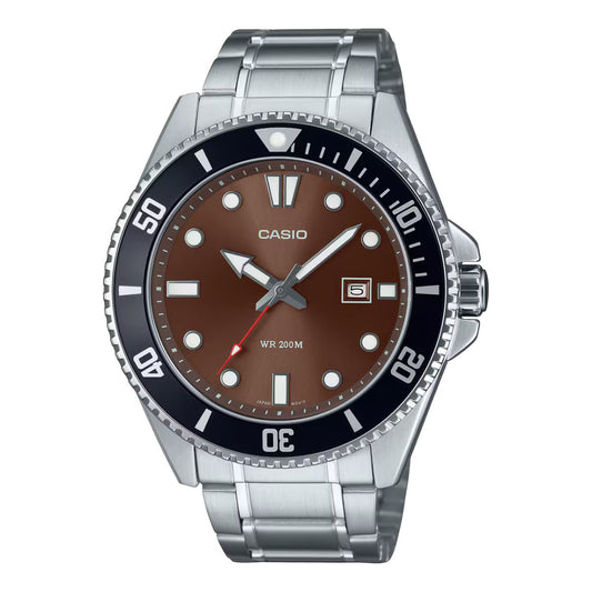 Casio MDV-107D-5AVDF watch for man with a brown dial and stainless steel strap.
