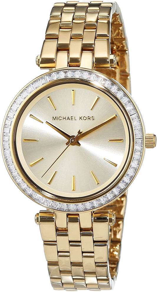 Michael Kors MK3365 watch for women with a golden dial and steel strap.
