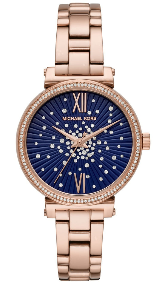 Michael Kors MK3971 watch for women with a blue dial and steel strap.
