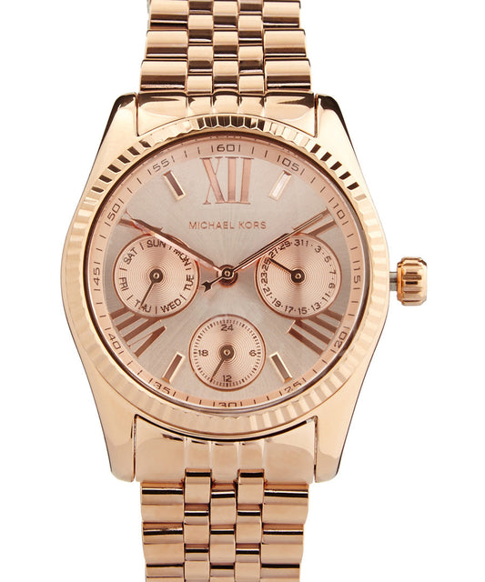 Michael Kors MK5809 watch for women with a pink dial and steel strap.