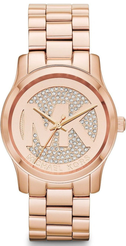 Michael Kors MK5853 watch for woman with a golden dial and steel strap.