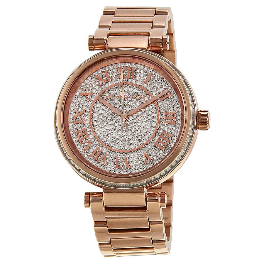 Michael Kors MK5868 watch for women with a pink dial and stainless steel strap.