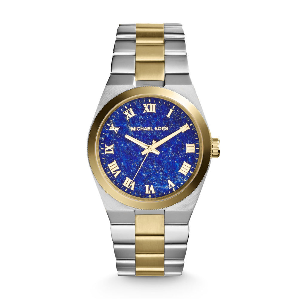 Michael Kors MK5893 watch for women with a blue dial and steel strap.