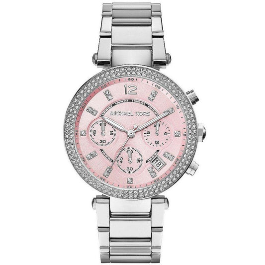 Michael Kors MK6105 watch for women with a pink dial and steel strap.