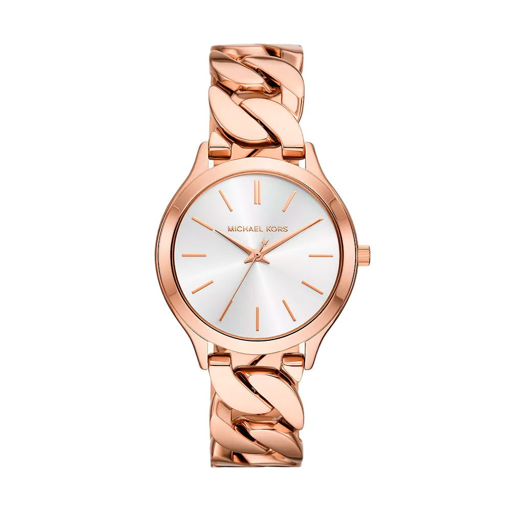 Michael Kors MK7473 watch for women with a white dial and stainless steel strap.