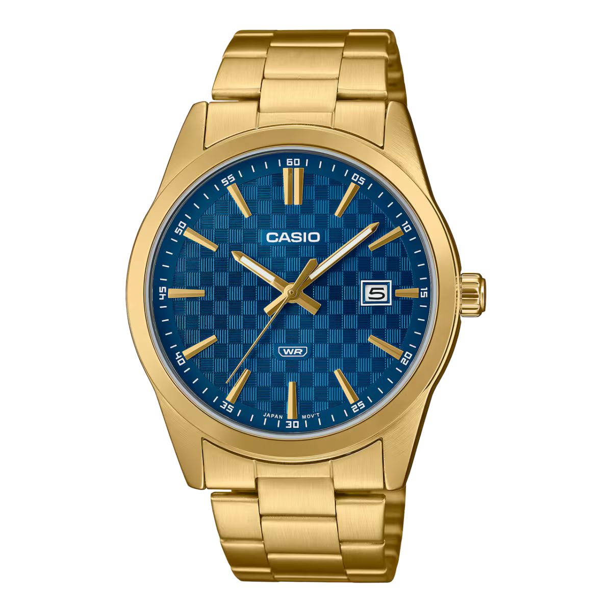 Casio MTP-VD03G-2AUDF watch for man with a blue dial and stainless steel strap.
