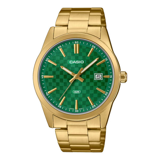 Casio MTP-VD03G-3AUDF watch for man with a green dial and stainless steel strap.