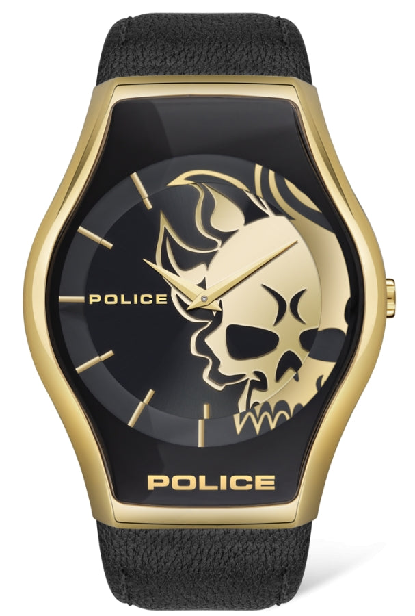 Police PEWJA2002301 watch for man with a black dial and leather strap.