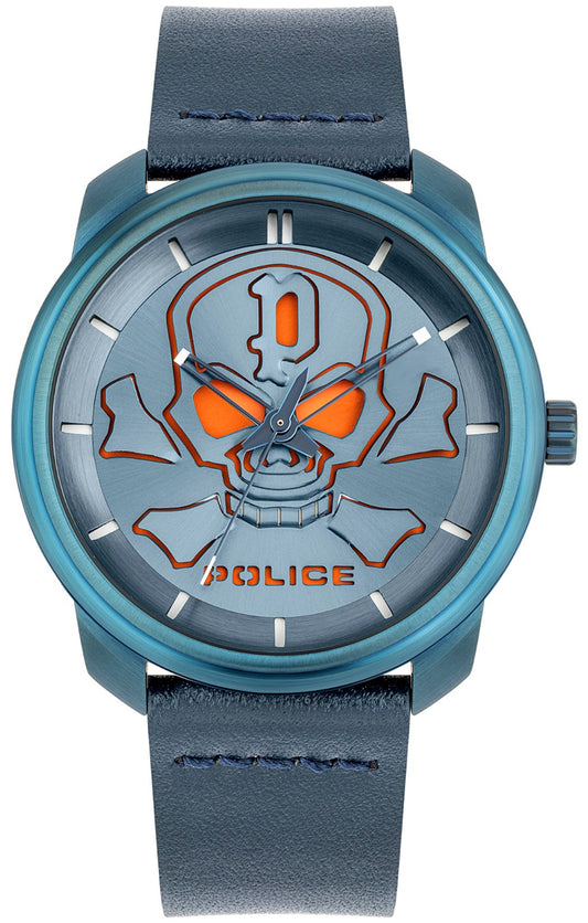 Police PL15714JSBL-03 watch for man with a blue dial and leather strap.