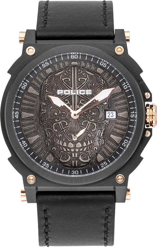 Police PL15728JSB.02 watch for man with a black dial and leather strap.
