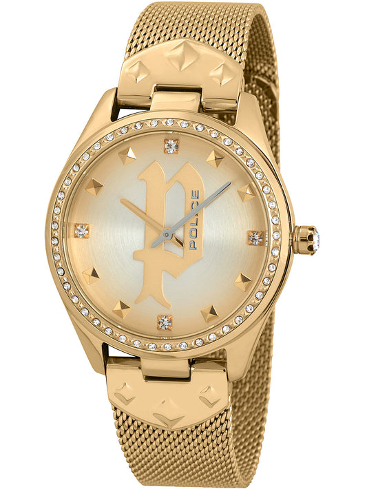 Police PL16029MSG.22MM watch for women with a golden dial and stainless steel strap.
