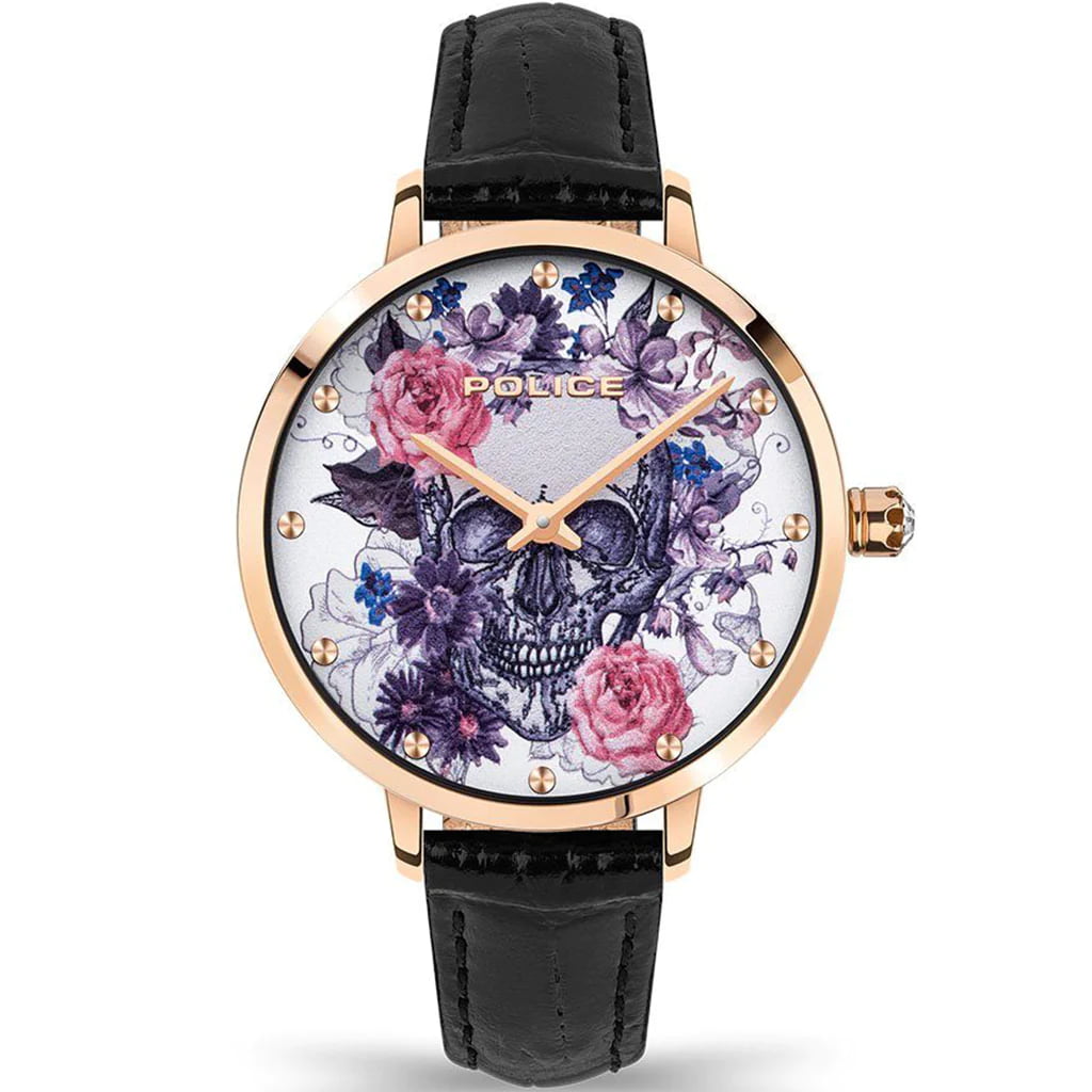 Police PL16032MSR-01 watch for women with a multicolored dial and leather strap.