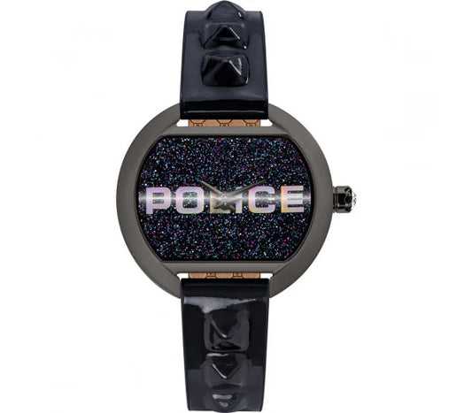 Police PL16070BSU.03PU watch for women with a black dial and leather strap.
