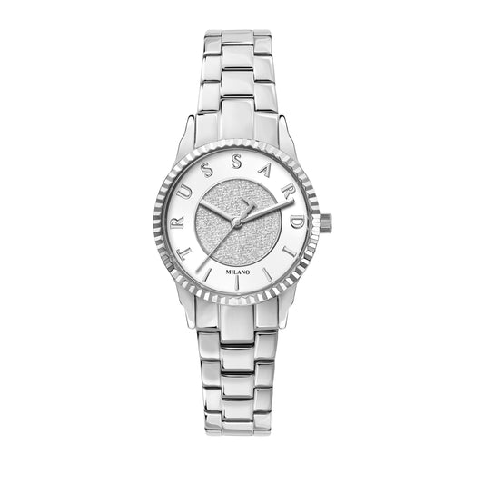 Trussardi R2453144502 watch for women with a silver diamond dust dial and stainless steel strap.