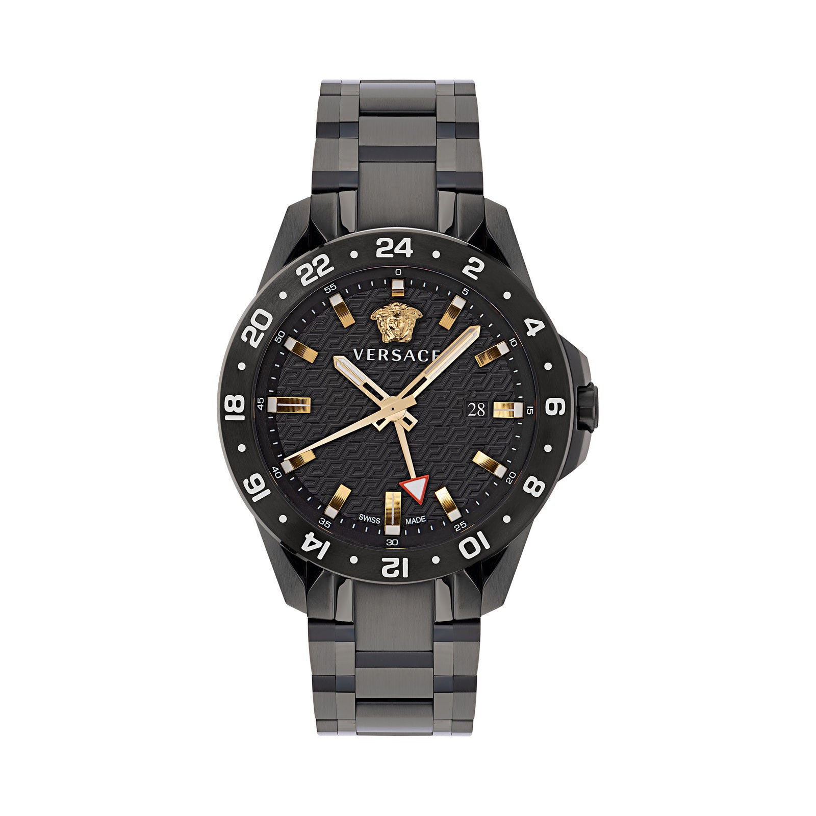 Versace VE2W00622 watch for man with a black dial and stainless steel strap.