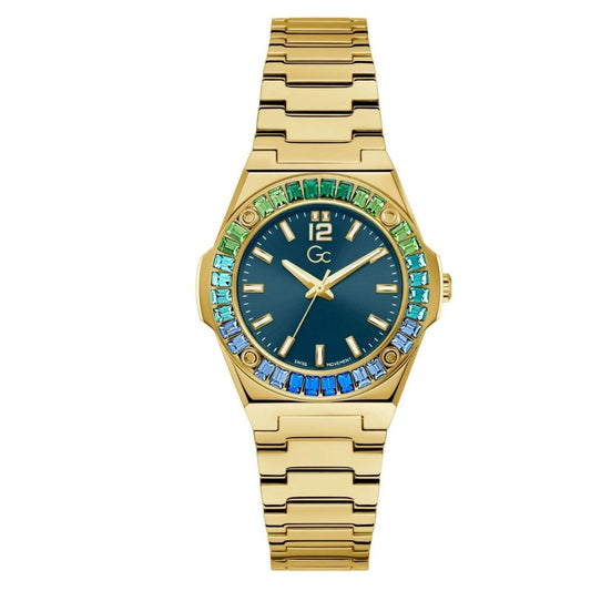 Gc Z34007L7MF watch for women with a blue dial and stainless steel strap.